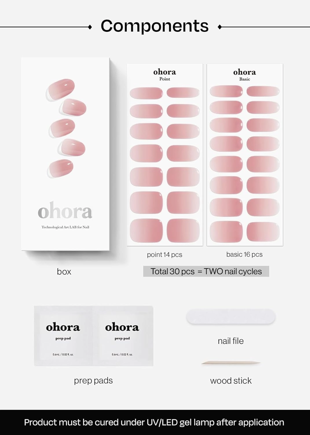 ohora Semi Cured Gel Nail Strips (N Milk Rose) - Pink, Ombre, Works with Any UV/LED Lamps, Salon-Quality, Long Lasting, Easy to Apply & Remove - Includes 2 Prep Pads, Nail File & Wooden Stick