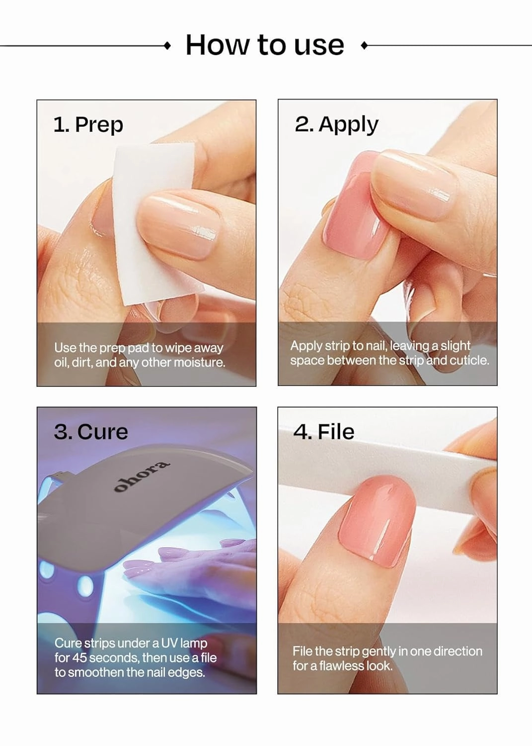 ohora Semi Cured Gel Nail Strips (N Milk Rose) - Pink, Ombre, Works with Any UV/LED Lamps, Salon-Quality, Long Lasting, Easy to Apply & Remove - Includes 2 Prep Pads, Nail File & Wooden Stick