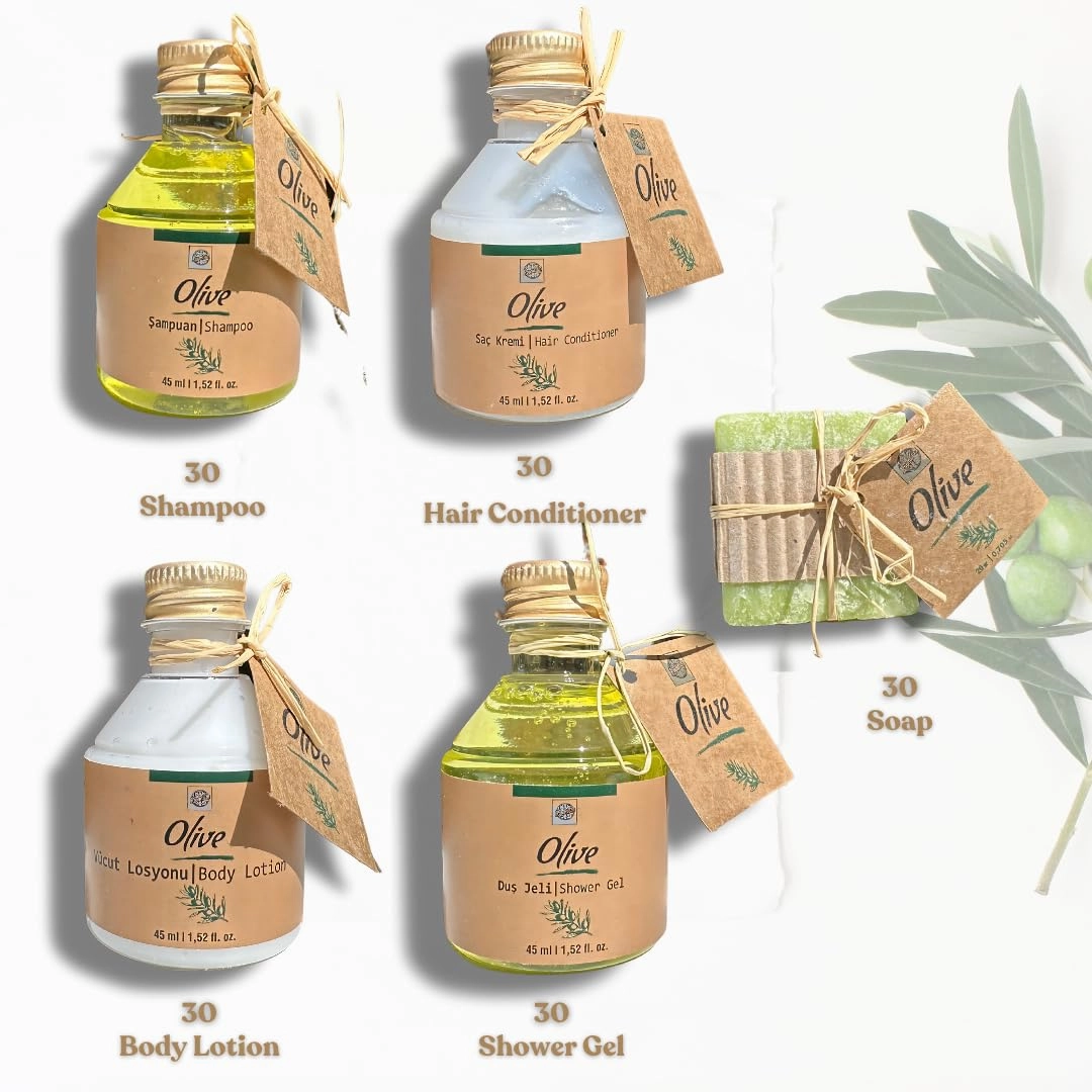Olive Blossom Body Care Set – Travel Size Toiletries | Includes 1.5 fl oz Shampoo, Shower Gel, Hair Conditioner, Body Lotion, Soap | Perfect for Vacation Rentals & Hotels (150 Pieces)