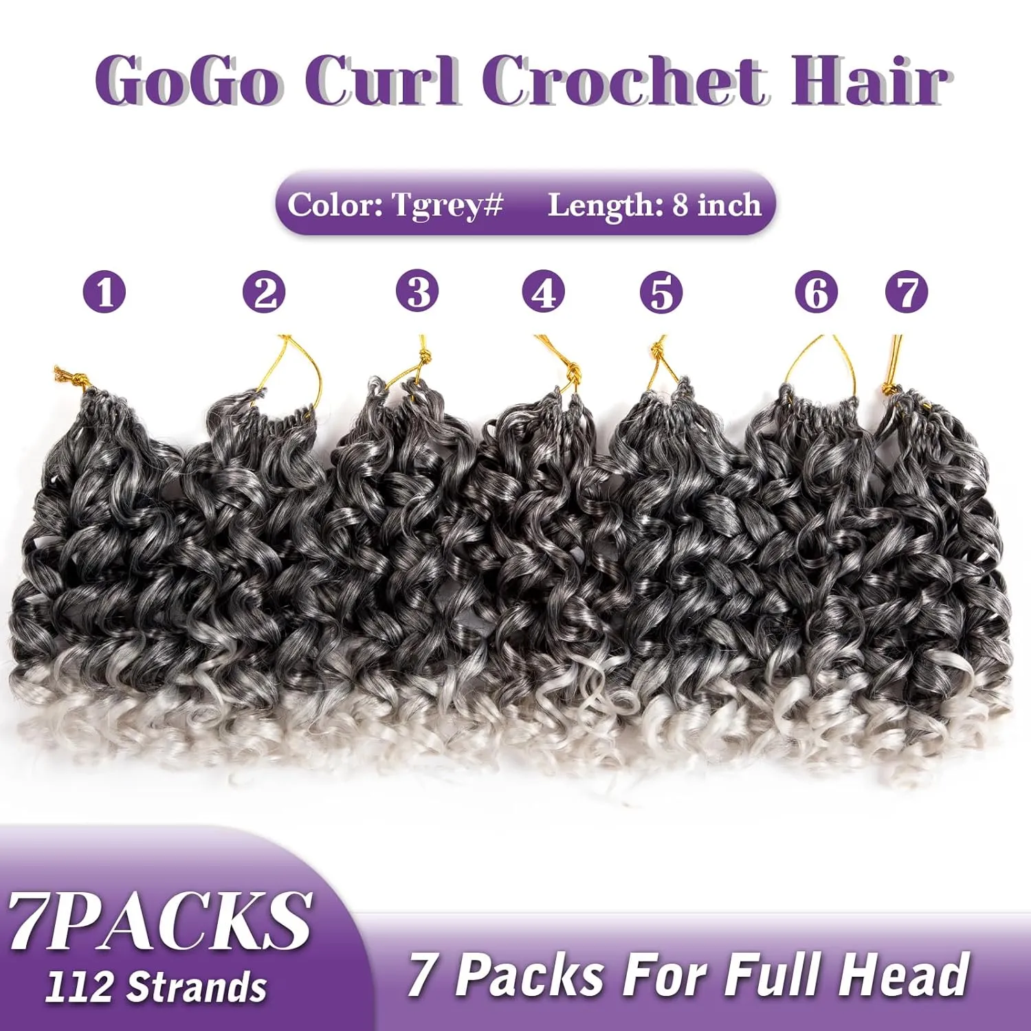 Ombre Grey Short Curly Crochet Braids for Women 7 Packs Salt and Pepper GoGo Beach Curl Water Wave Deep Twist Synthetic Braiding Hair Extensions 8 Inch Tgray#