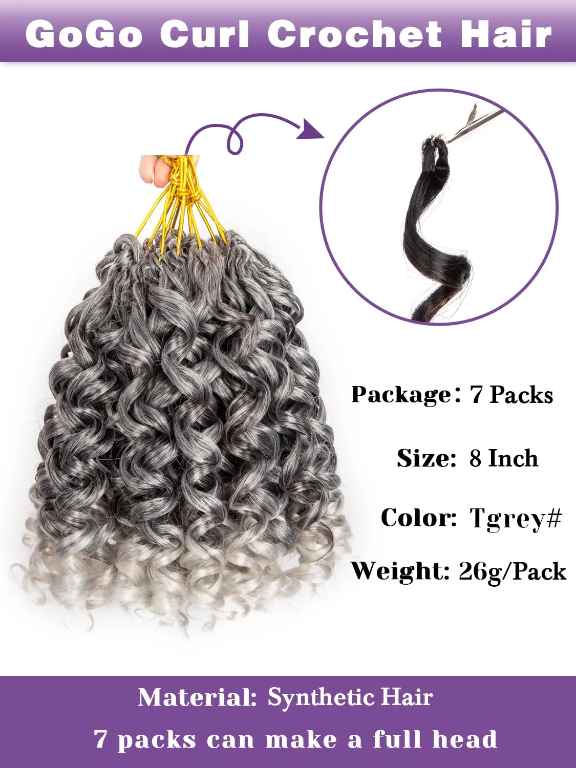 Ombre Grey Short Curly Crochet Braids for Women 7 Packs Salt and Pepper GoGo Beach Curl Water Wave Deep Twist Synthetic Braiding Hair Extensions 8 Inch Tgray#