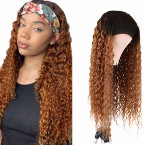 Ombre Brown Headband Wigs Deep Wave 1B30 Brown Human Hair Headband Wigs Medium Auburn Wig 130% Density Grade 8A Brazilian Remy Human Hair Machine Made Wig 22 Inch