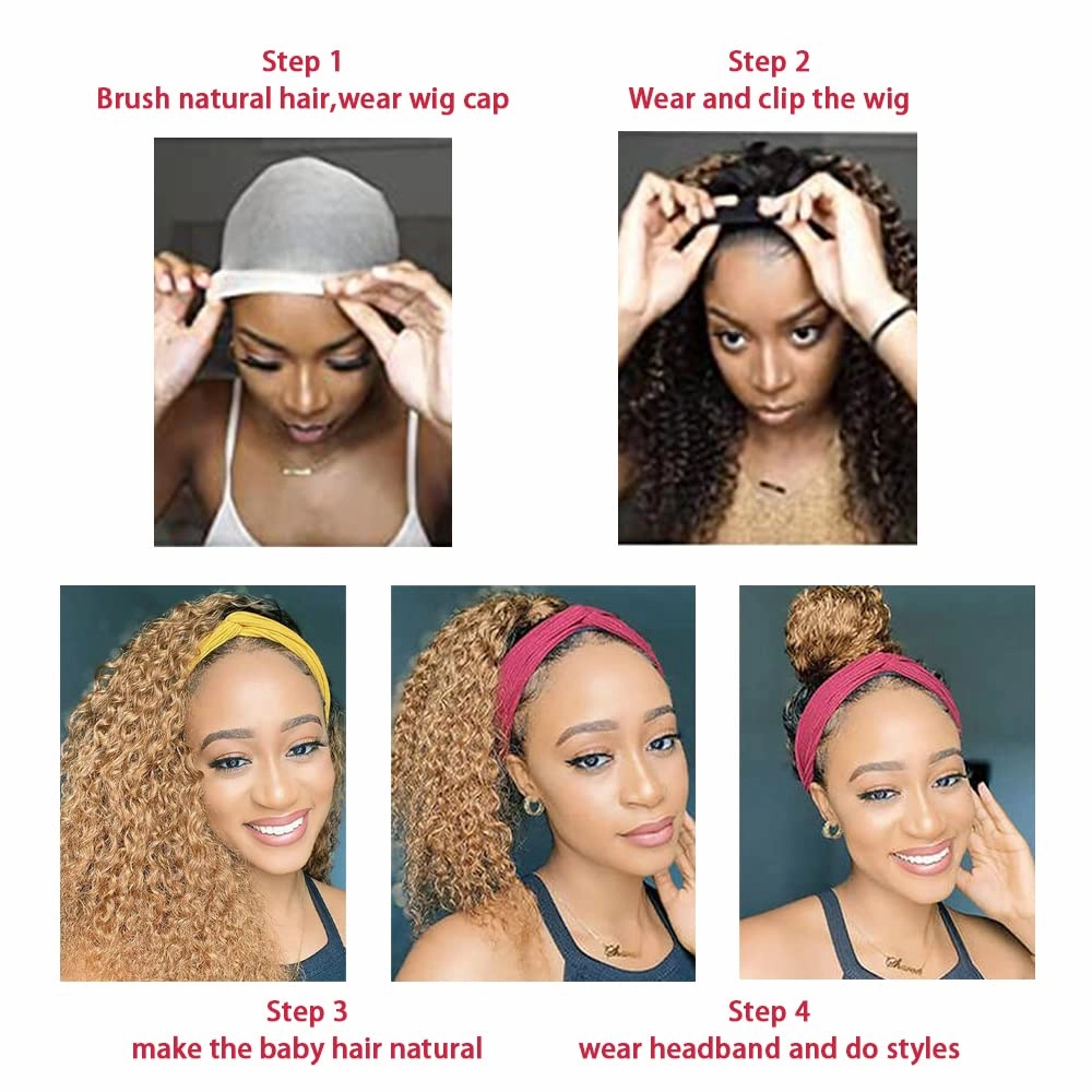 Ombre Brown Headband Wigs Deep Wave 1B30 Brown Human Hair Headband Wigs Medium Auburn Wig 130% Density Grade 8A Brazilian Remy Human Hair Machine Made Wig 22 Inch