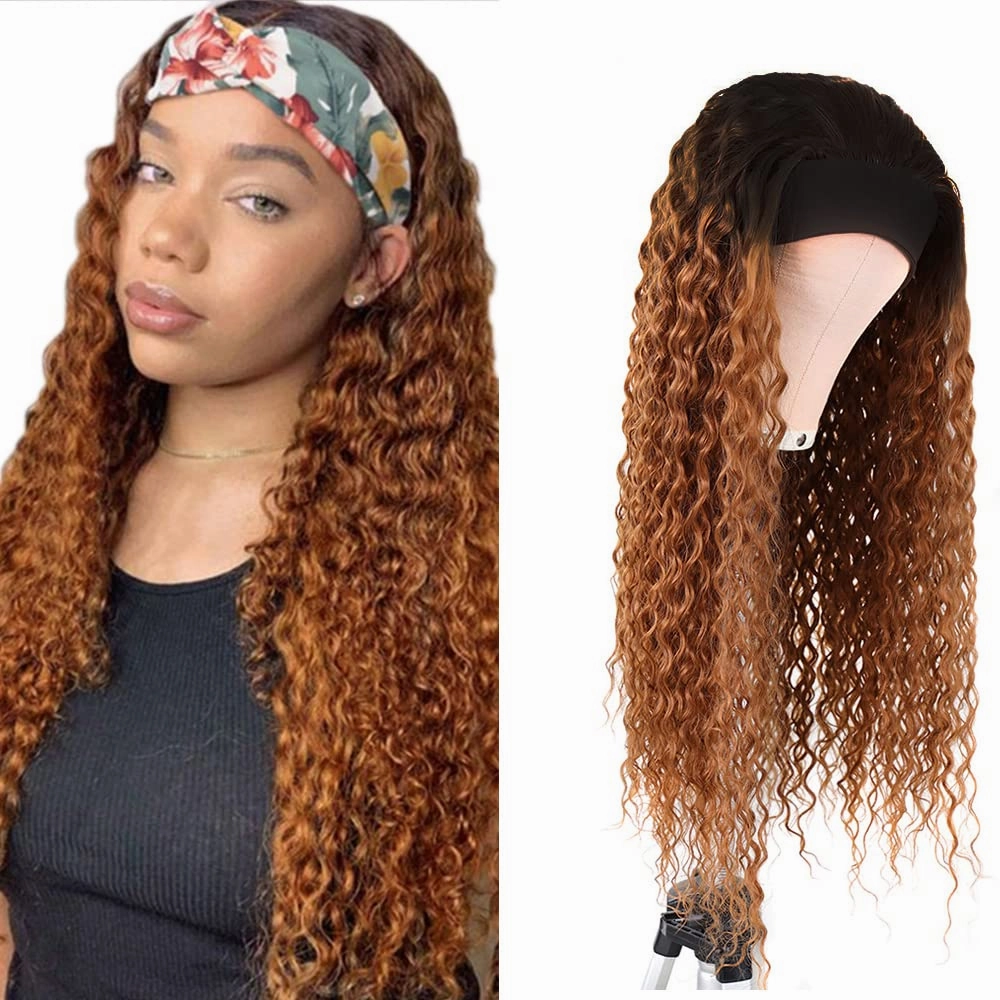 Ombre Brown Headband Wigs Deep Wave 1B30 Brown Human Hair Headband Wigs Medium Auburn Wig 130% Density Grade 8A Brazilian Remy Human Hair Machine Made Wig 22 Inch