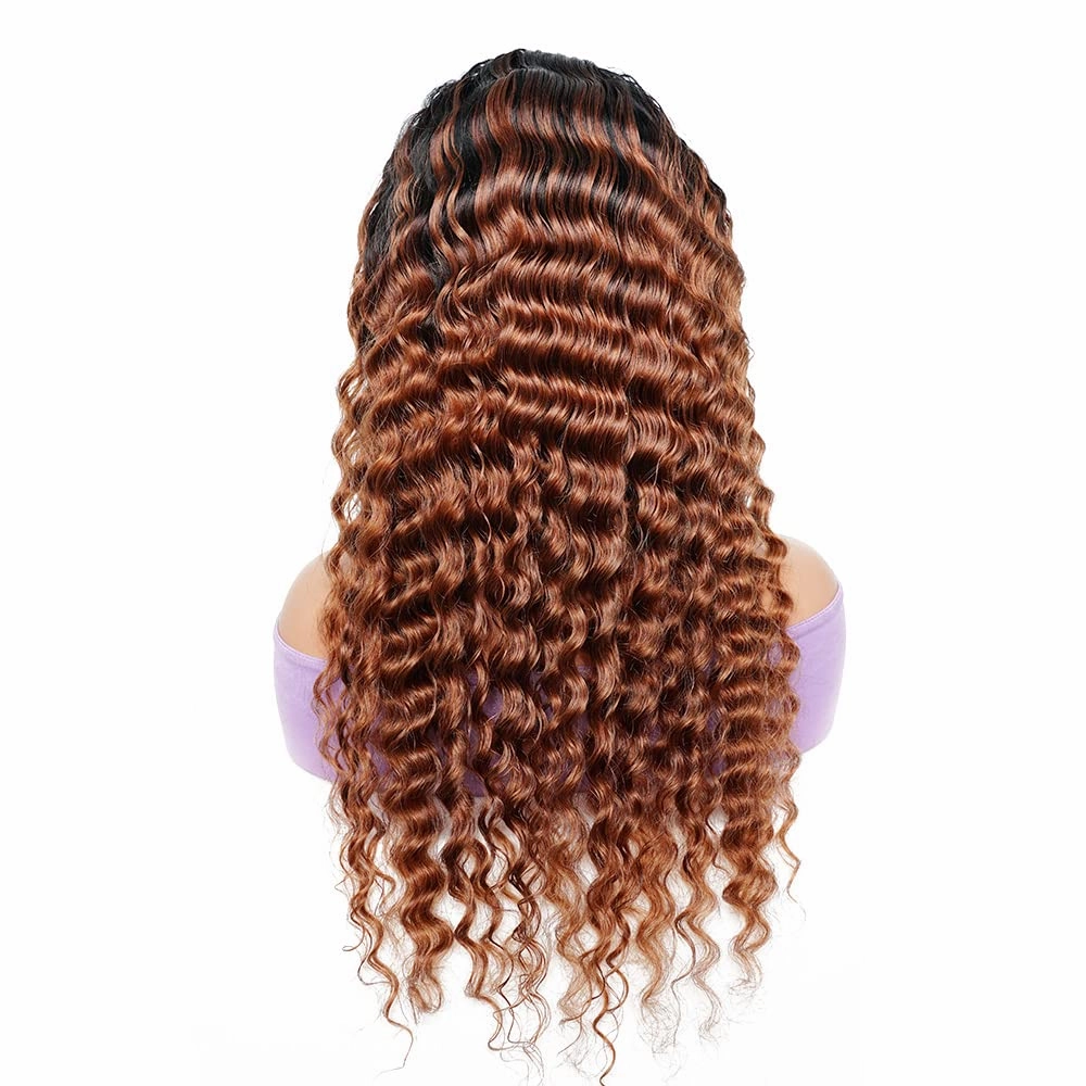 Ombre Brown Headband Wigs Deep Wave 1B30 Brown Human Hair Headband Wigs Medium Auburn Wig 130% Density Grade 8A Brazilian Remy Human Hair Machine Made Wig 22 Inch