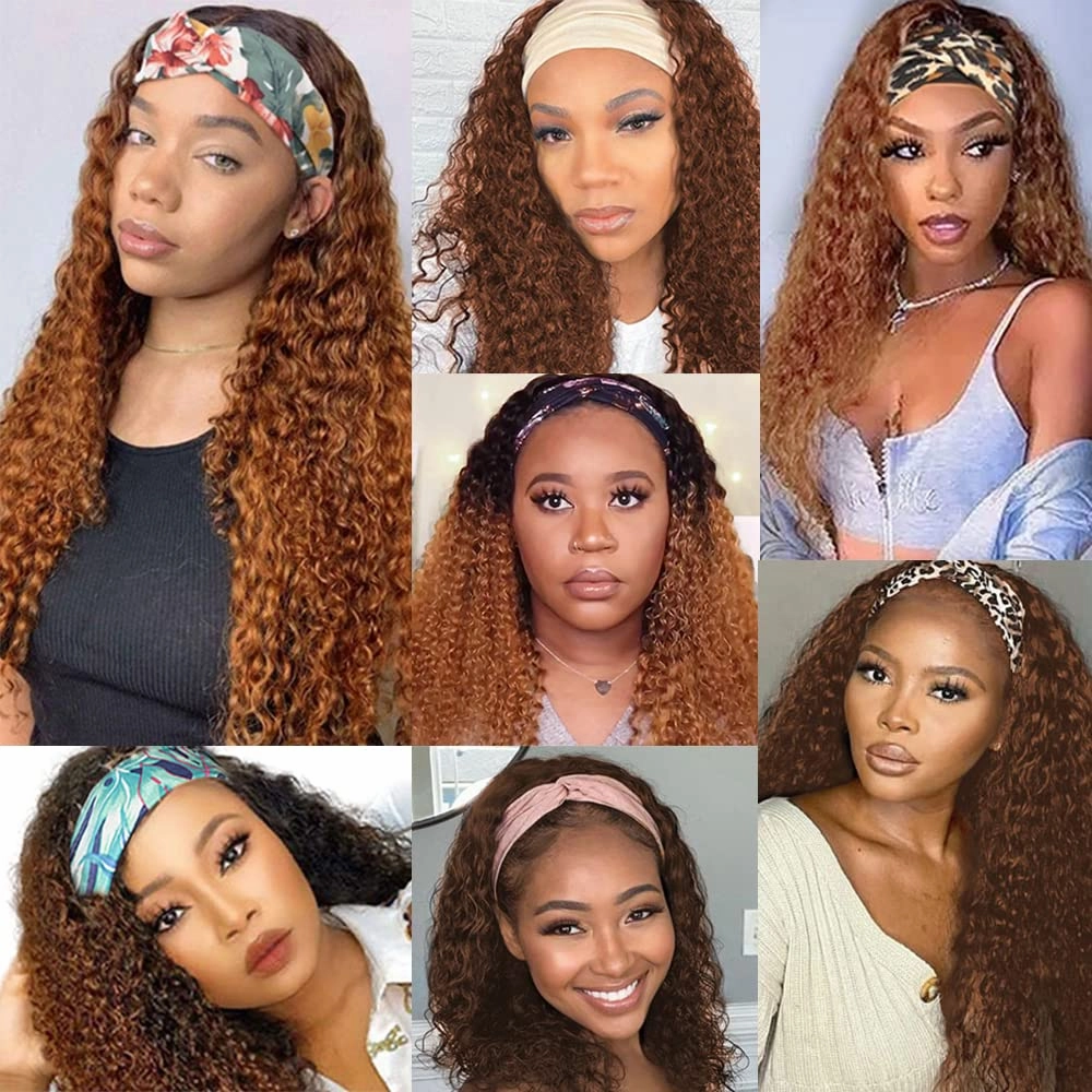 Ombre Brown Headband Wigs Deep Wave 1B30 Brown Human Hair Headband Wigs Medium Auburn Wig 130% Density Grade 8A Brazilian Remy Human Hair Machine Made Wig 22 Inch