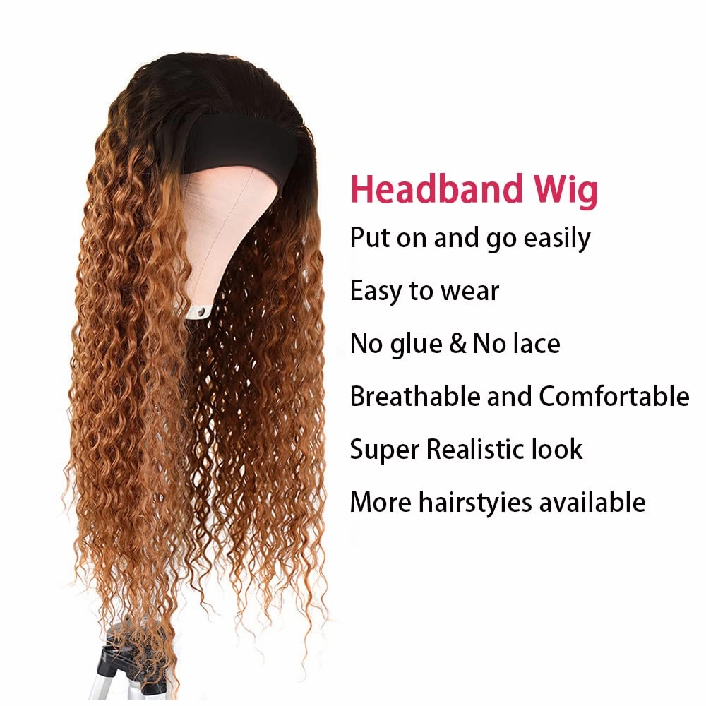 Ombre Brown Headband Wigs Deep Wave 1B30 Brown Human Hair Headband Wigs Medium Auburn Wig 130% Density Grade 8A Brazilian Remy Human Hair Machine Made Wig 22 Inch