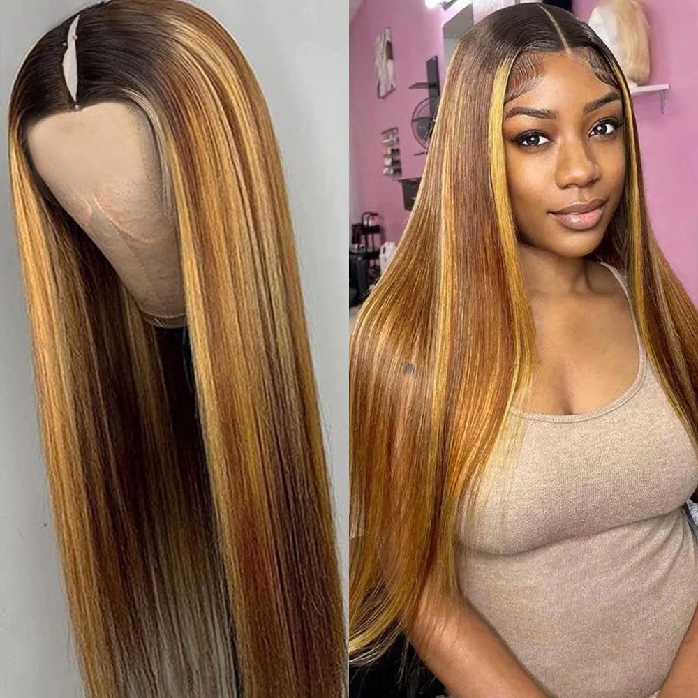 Ombre V Part Wigs Human Hair Straight Highlight Blonde 180% Density Glueless Full Head Clip In Half Wigs (16inch,#T1BP4/27)