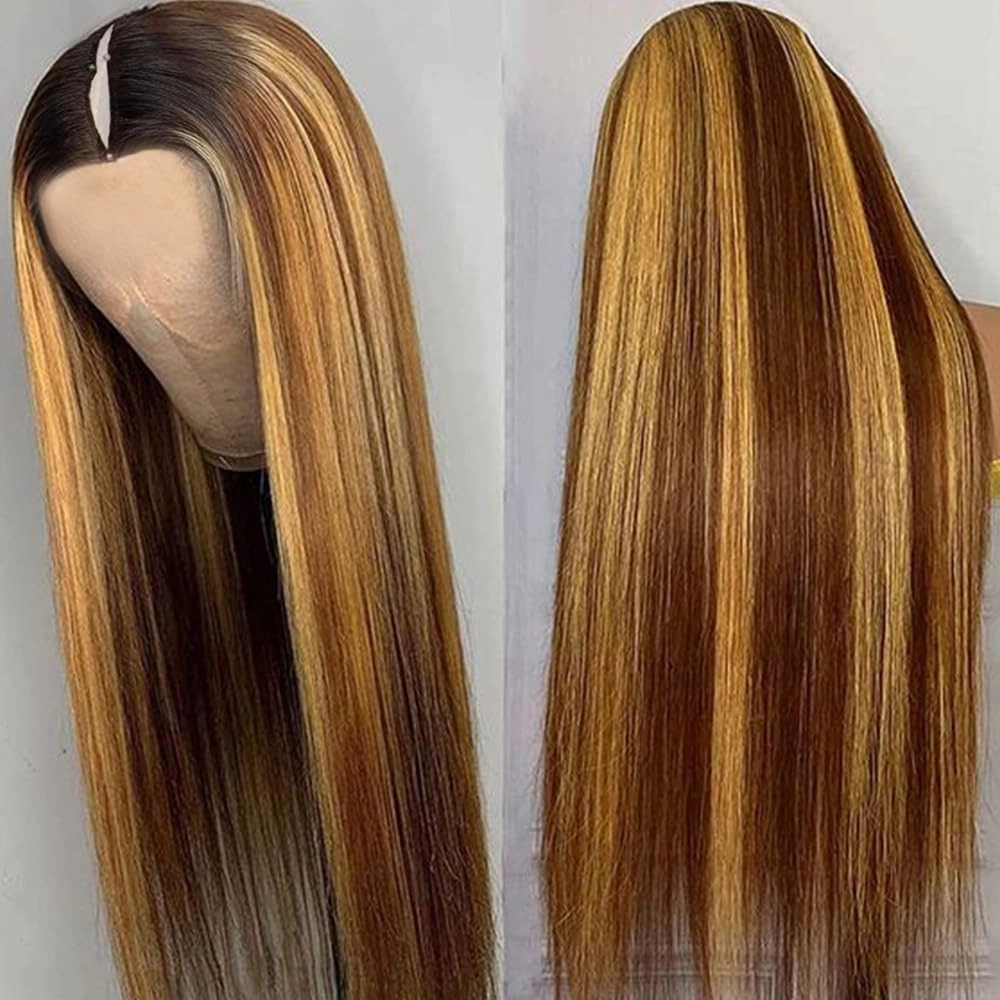Ombre V Part Wigs Human Hair Straight Highlight Blonde 180% Density Glueless Full Head Clip In Half Wigs (16inch,#T1BP4/27)