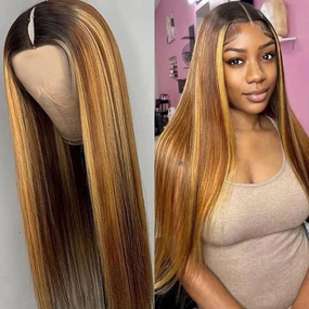 Ombre V Part Wigs Human Hair Straight Highlight Blonde 180% Density Glueless Full Head Clip In Half Wigs (16inch,#T1BP4/27)