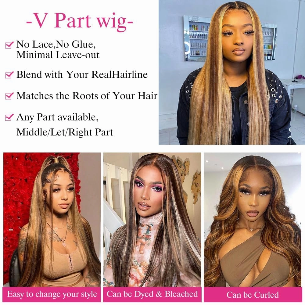 Ombre V Part Wigs Human Hair Straight Highlight Blonde 180% Density Glueless Full Head Clip In Half Wigs (16inch,#T1BP4/27)