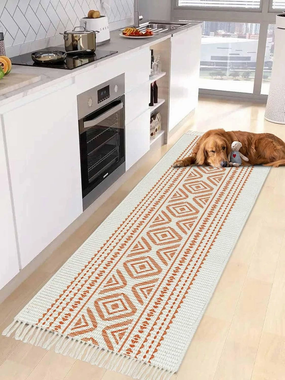 Orange Boho Kitchen Hallway Runner Rug 2X5 Ft Carpet, Washable Woven Throw Carpet with Tassel, Farmhouse Abstract Geometric Stripes Art Non-Shedding Entryway Laundry Rugs
