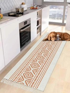 Orange Boho Kitchen Hallway Runner Rug 2X5 Ft Carpet, Washable Woven Throw Carpet with Tassel, Farmhouse Abstract Geometric Stripes Art Non-Shedding Entryway Laundry Rugs