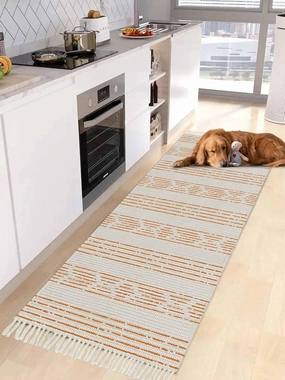 Orange Boho Kitchen Hallway Runner Rug 2X5 Ft Carpet, Washable Woven Throw Carpet with Tassel, Natural Farmhouse Vintage Striped Art Non-Shedding Entryway Laundry Rugs