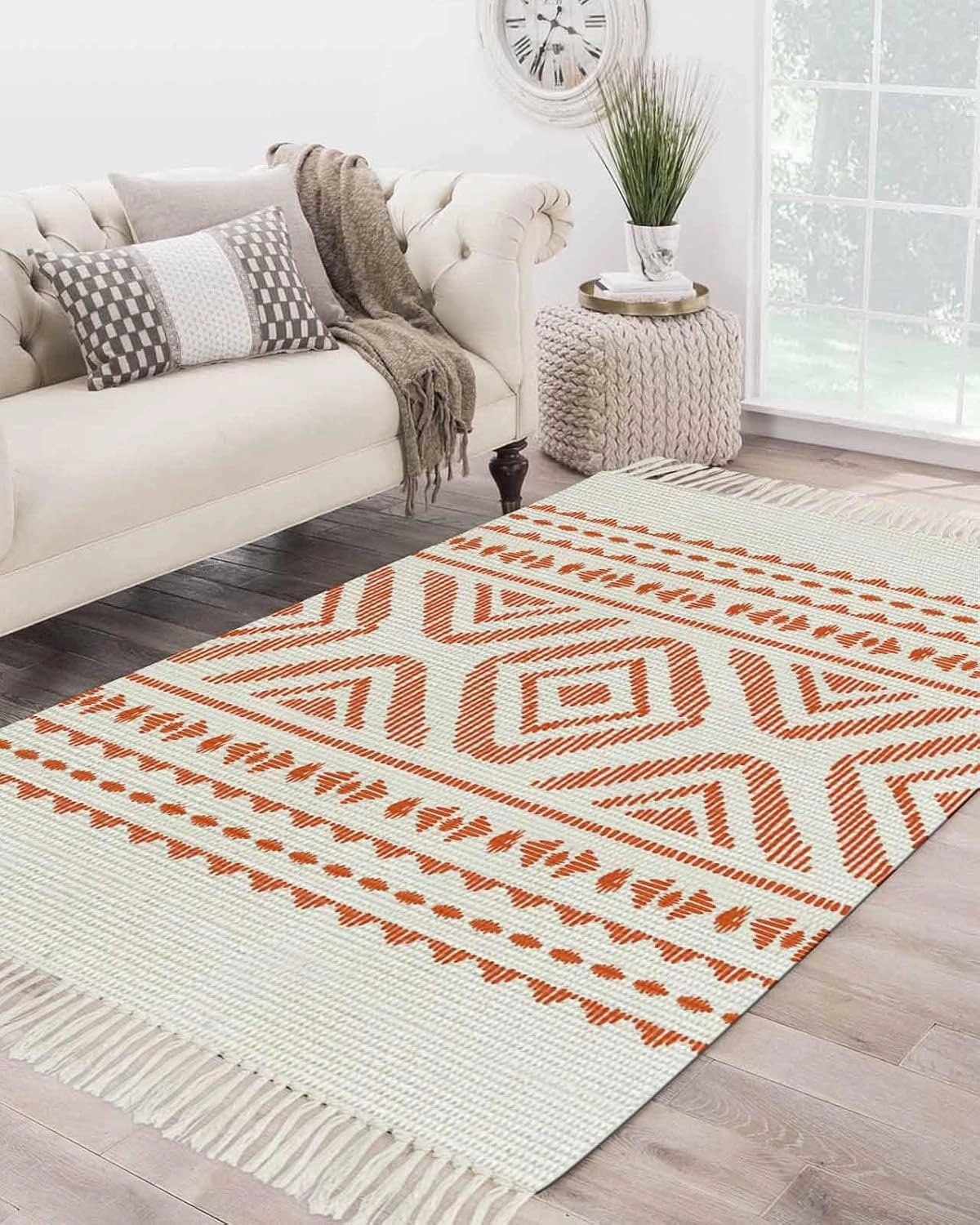 Orange Boho Large Runner Rug 4X6 Ft Living Room Area Rug, Washable Woven Throw Carpet with Tassel, Farmhouse Abstract Geometric Stripes Art Non-Shedding Bedroom Office Carpets
