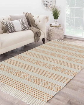 Orange Boho Large Runner Rug 4X6 Ft Living Room Area Rug, Washable Woven Throw Carpet with Tassel, Natural Farmhouse Vintage Striped Art Non-Shedding Bedroom Office Carpets