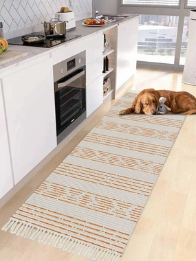 Orange Boho Runner Rug 2X4 Ft Entryway Outdoor Indoor Mat, Washable Woven Throw Carpet with Tassel, Natural Farmhouse Vintage Striped Art Non-Shedding Hallway Bath Mats