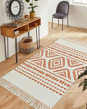 Orange Boho Runner Rug 3X5 Ft Bedroom Area Rug, Washable Woven Throw Carpet with Tassel, Farmhouse Abstract Geometric Stripes Art Non-Shedding Dining Room Living Room Carpets
