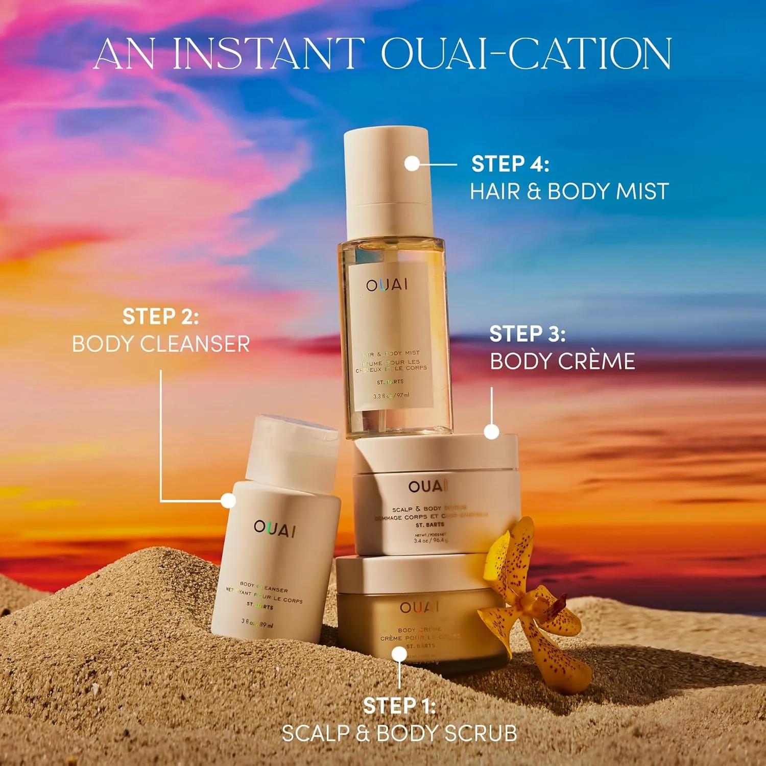 OUAI Scalp & Body Scrub, St. Barts Travel Size - Exfoliating Body Scrub with Sugar & Coconut Oil Blend for Smooth, Moisturized Skin - Gentle Scalp Exfoliator for Removing Product Build Up (3.4 oz)