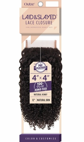 Outre Laid & Slayed Lace Closure Short Medium Length Curly Style Unprocessed Human Hair Pieces - 4X4 LACE CLOSURE NATURAL KINKY 14 (NBRN)