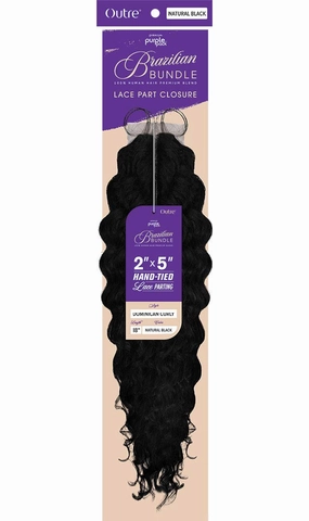 Outre PURPLE PACK BRAZILIAN BUNDLE LACE PART CLOSURE 2"X 5" Hand Tied, 18 Inch Perfect Flawless Finish Bundle-Inspired Lines Human Hair Blend - DOMINICAN CURLY (DRRDCP)