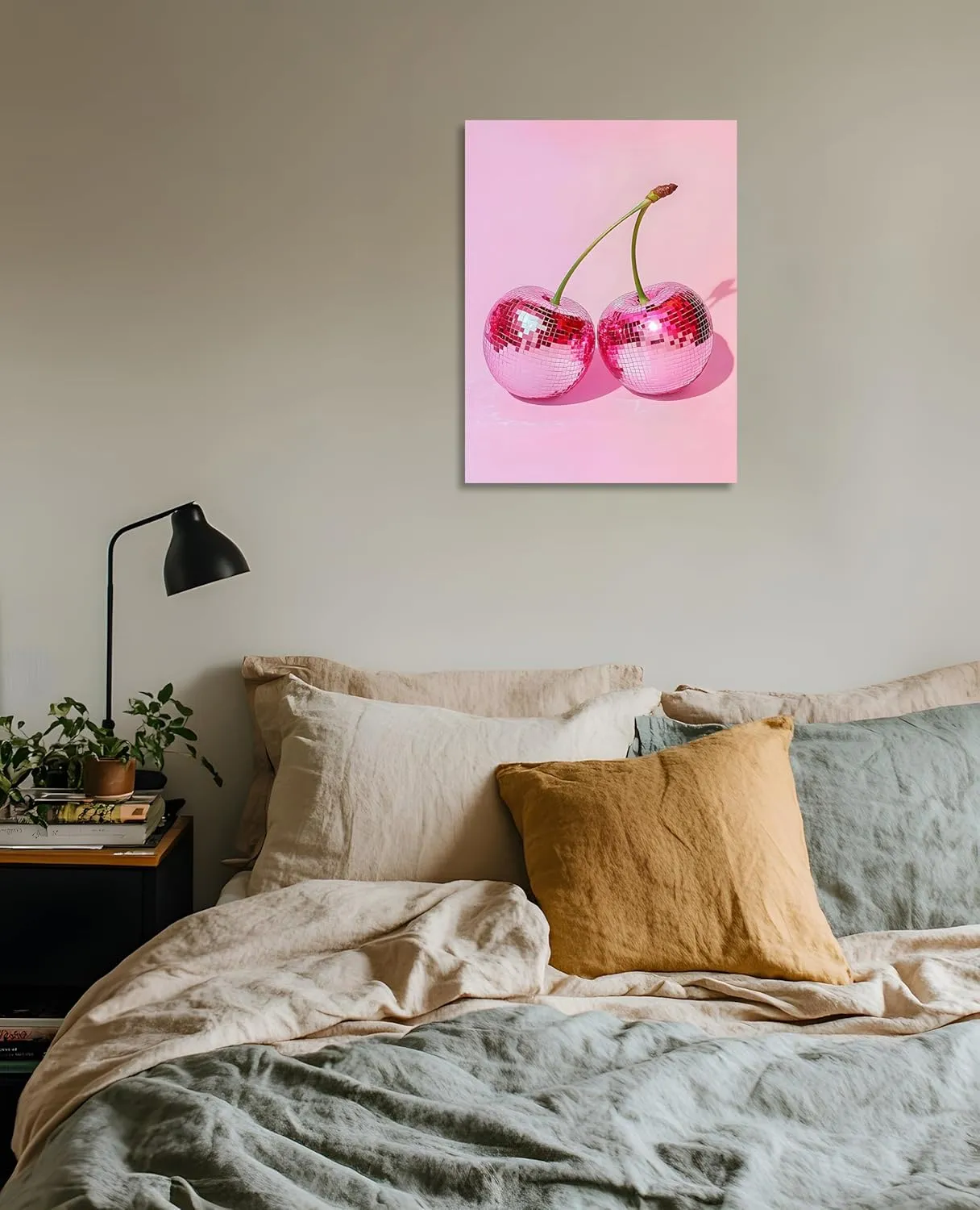 OWNANRTHM Pink Disco Ball Wall Art Pink Disco Prints Trendy Pink Cherry Disco Ball Wall Art Pink Preppy Poster Vintage Disco Wall Art Pink Aesthetic Poster for Girls Bedroom Wall Framed 12X16 inch