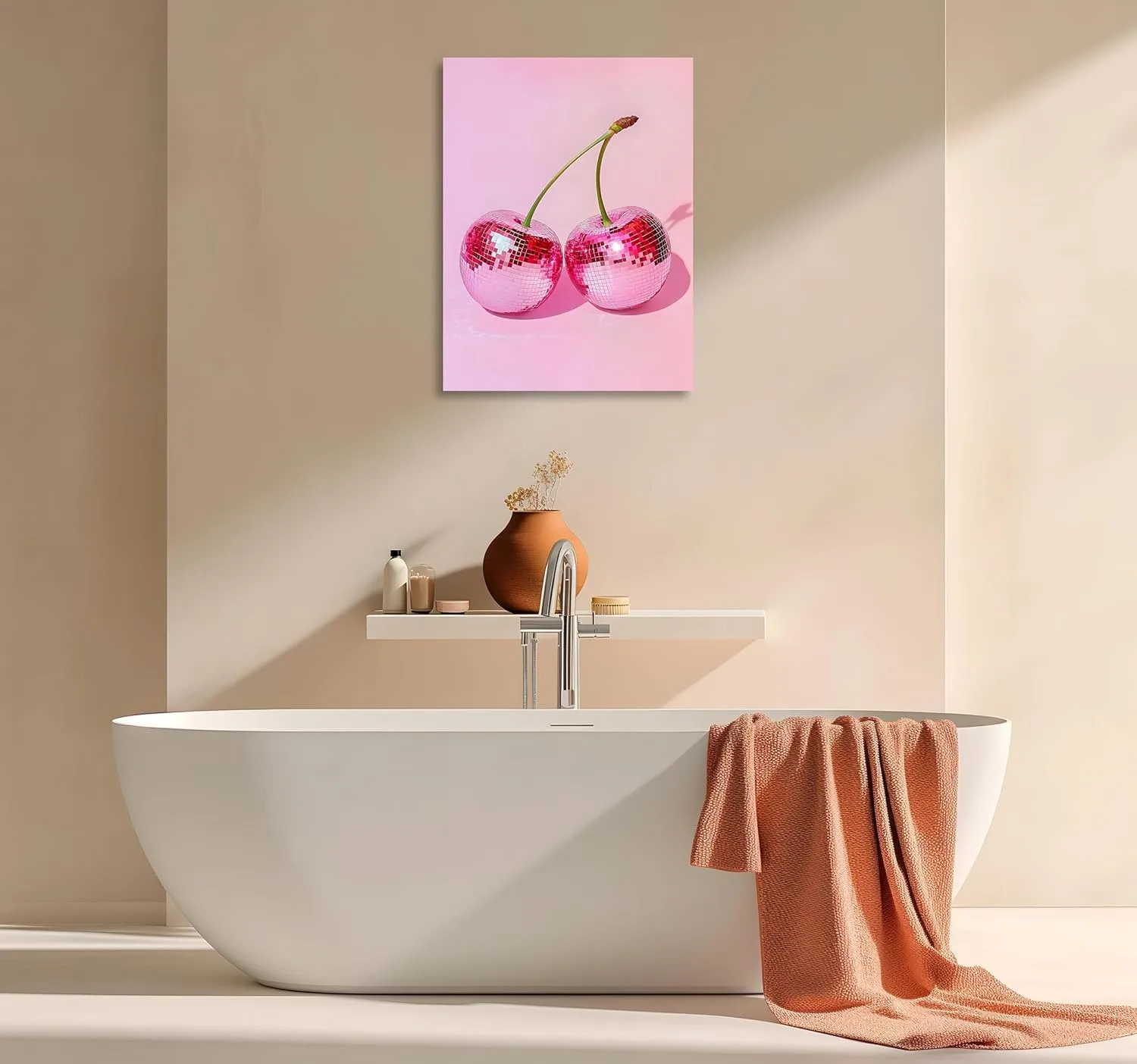 OWNANRTHM Pink Disco Ball Wall Art Pink Disco Prints Trendy Pink Cherry Disco Ball Wall Art Pink Preppy Poster Vintage Disco Wall Art Pink Aesthetic Poster for Girls Bedroom Wall Framed 12X16 inch