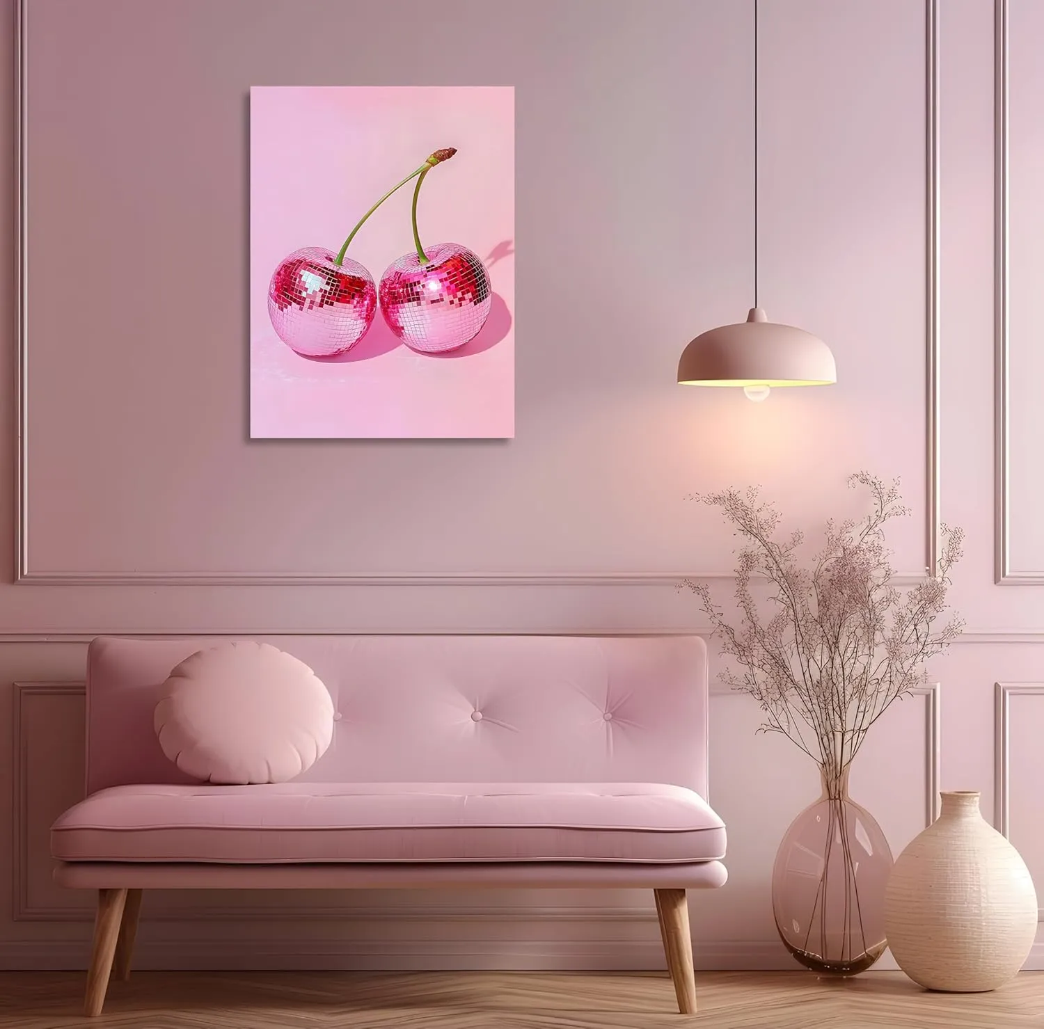 OWNANRTHM Pink Disco Ball Wall Art Pink Disco Prints Trendy Pink Cherry Disco Ball Wall Art Pink Preppy Poster Vintage Disco Wall Art Pink Aesthetic Poster for Girls Bedroom Wall Framed 12X16 inch