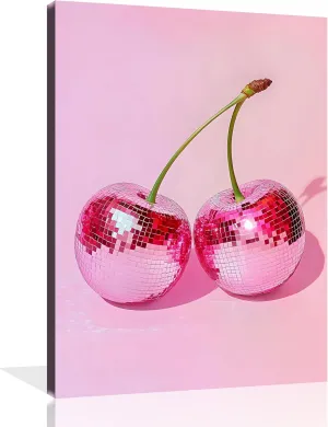 OWNANRTHM Pink Disco Ball Wall Art Pink Disco Prints Trendy Pink Cherry Disco Ball Wall Art Pink Preppy Poster Vintage Disco Wall Art Pink Aesthetic Poster for Girls Bedroom Wall Framed 12X16 inch