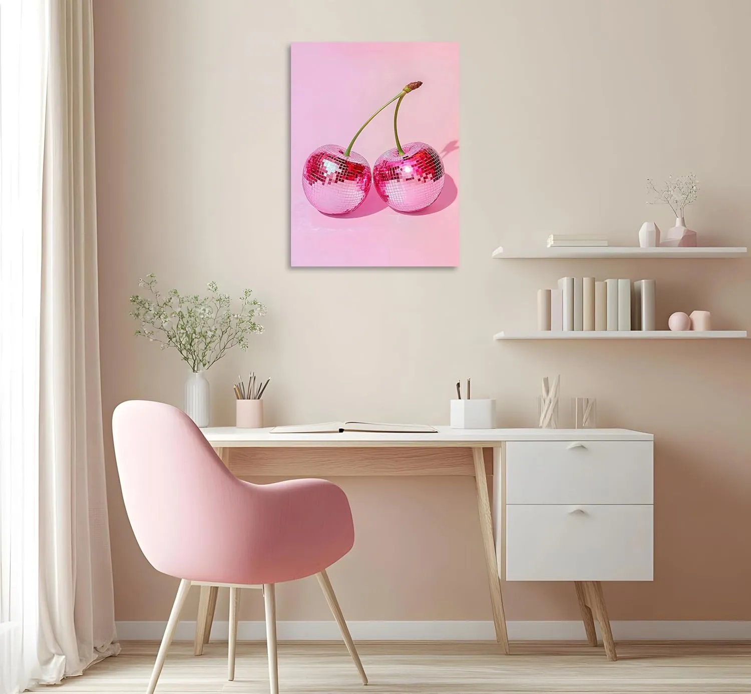 OWNANRTHM Pink Disco Ball Wall Art Pink Disco Prints Trendy Pink Cherry Disco Ball Wall Art Pink Preppy Poster Vintage Disco Wall Art Pink Aesthetic Poster for Girls Bedroom Wall Framed 12X16 inch