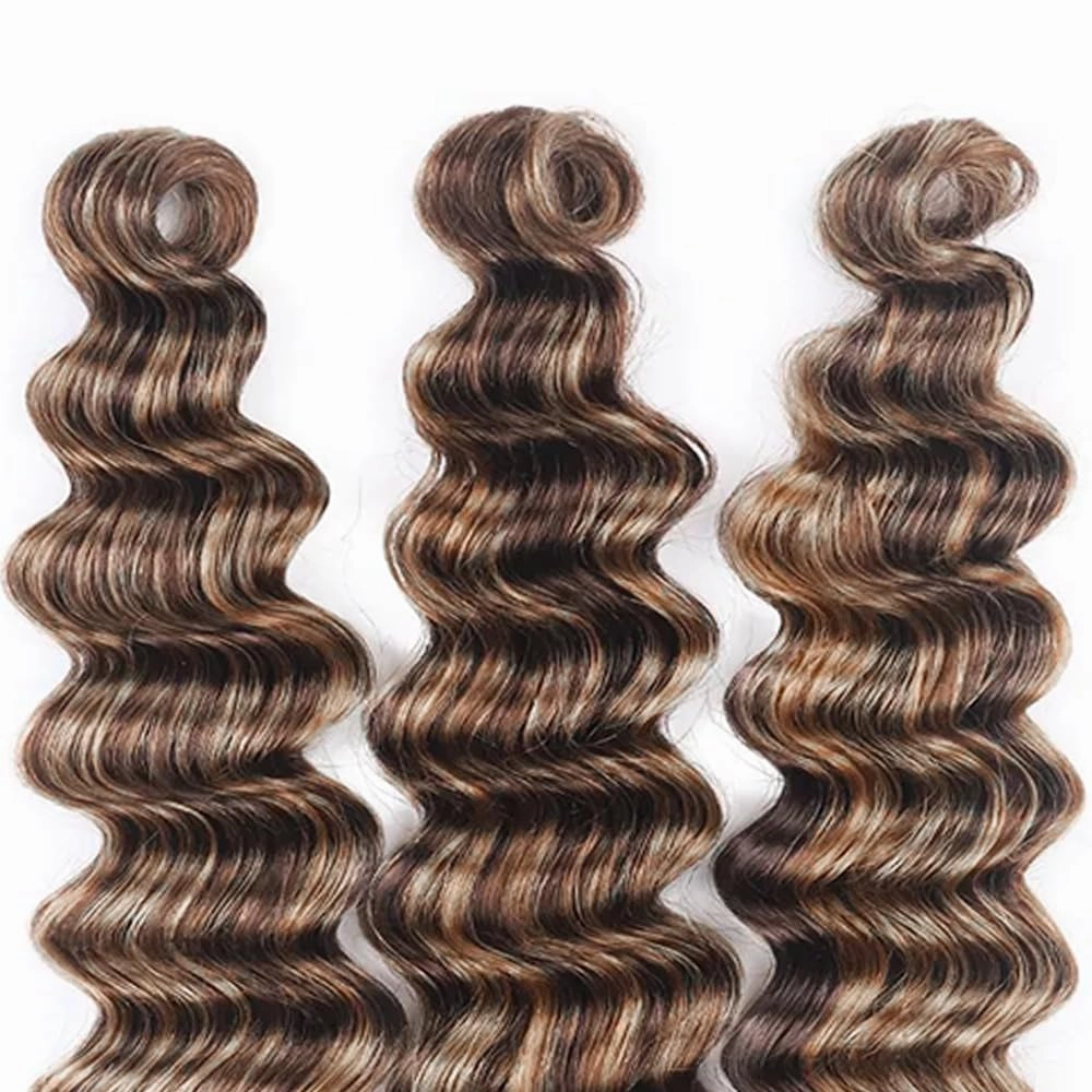 P4/613 Bundles Highlight Deep Wave Human Hair Bundles Two Tone Dark Brown Mixed With 613 Blonde Bundles Human Hair 3 Bundles 8 8 8 Inch Ombre Bundles Hair Weave