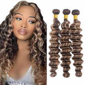 P4/613 Bundles Highlight Deep Wave Human Hair Bundles Two Tone Dark Brown Mixed With 613 Blonde Bundles Human Hair 3 Bundles 8 8 8 Inch Ombre Bundles Hair Weave
