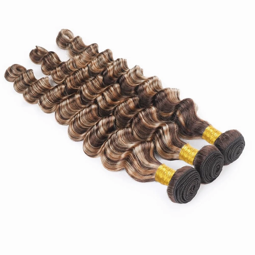 P4/613 Bundles Highlight Deep Wave Human Hair Bundles Two Tone Dark Brown Mixed With 613 Blonde Bundles Human Hair 3 Bundles 8 8 8 Inch Ombre Bundles Hair Weave