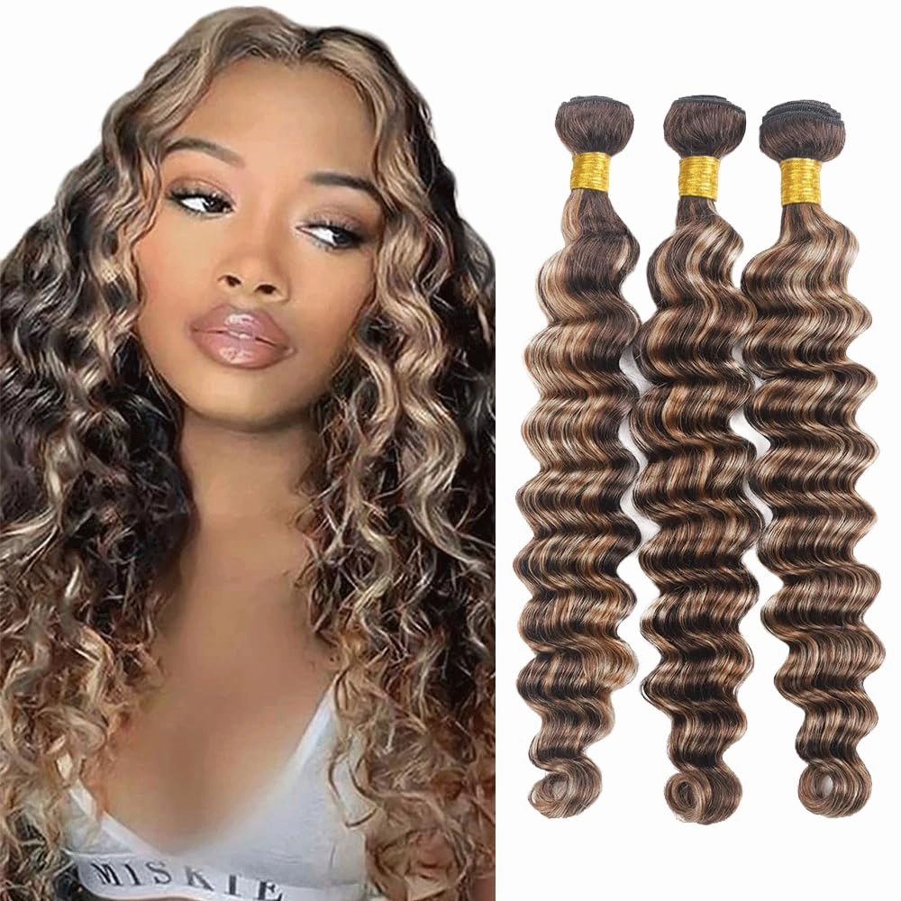 P4/613 Bundles Highlight Deep Wave Human Hair Bundles Two Tone Dark Brown Mixed With 613 Blonde Bundles Human Hair 3 Bundles 8 8 8 Inch Ombre Bundles Hair Weave