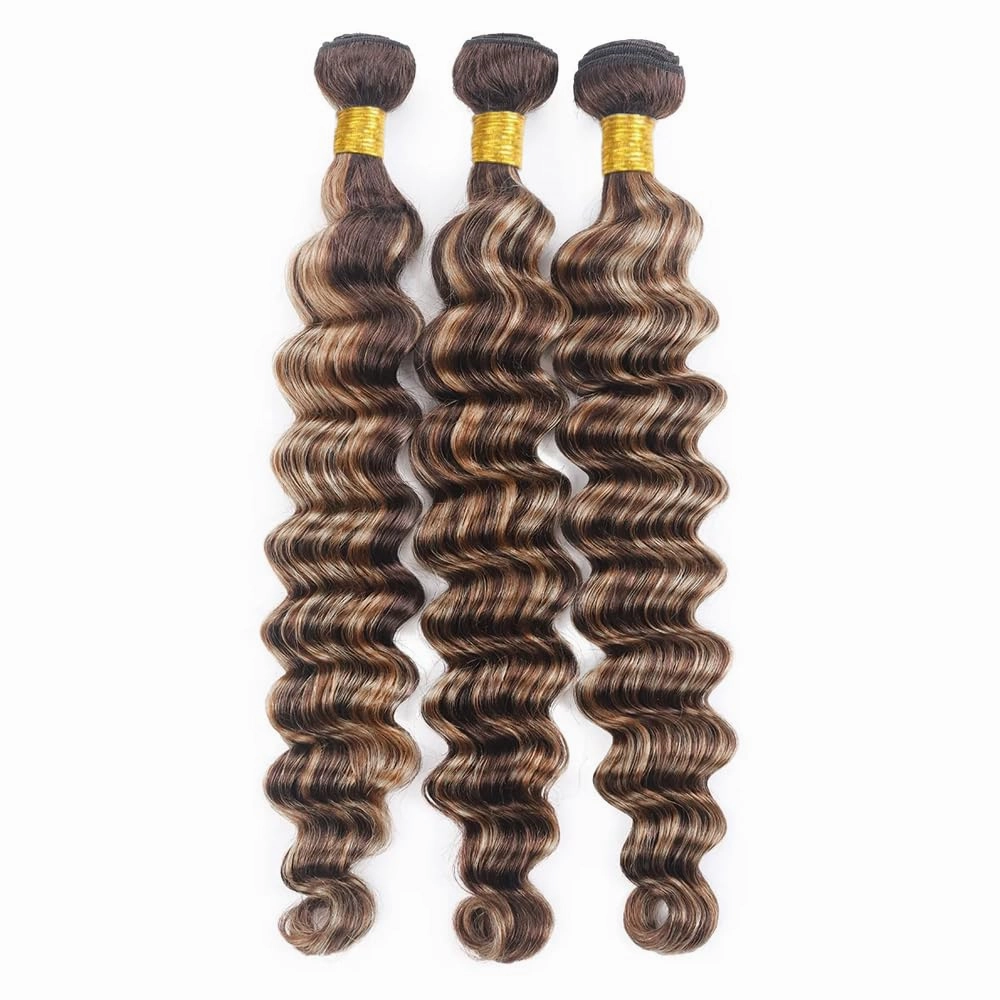 P4/613 Bundles Highlight Deep Wave Human Hair Bundles Two Tone Dark Brown Mixed With 613 Blonde Bundles Human Hair 3 Bundles 8 8 8 Inch Ombre Bundles Hair Weave
