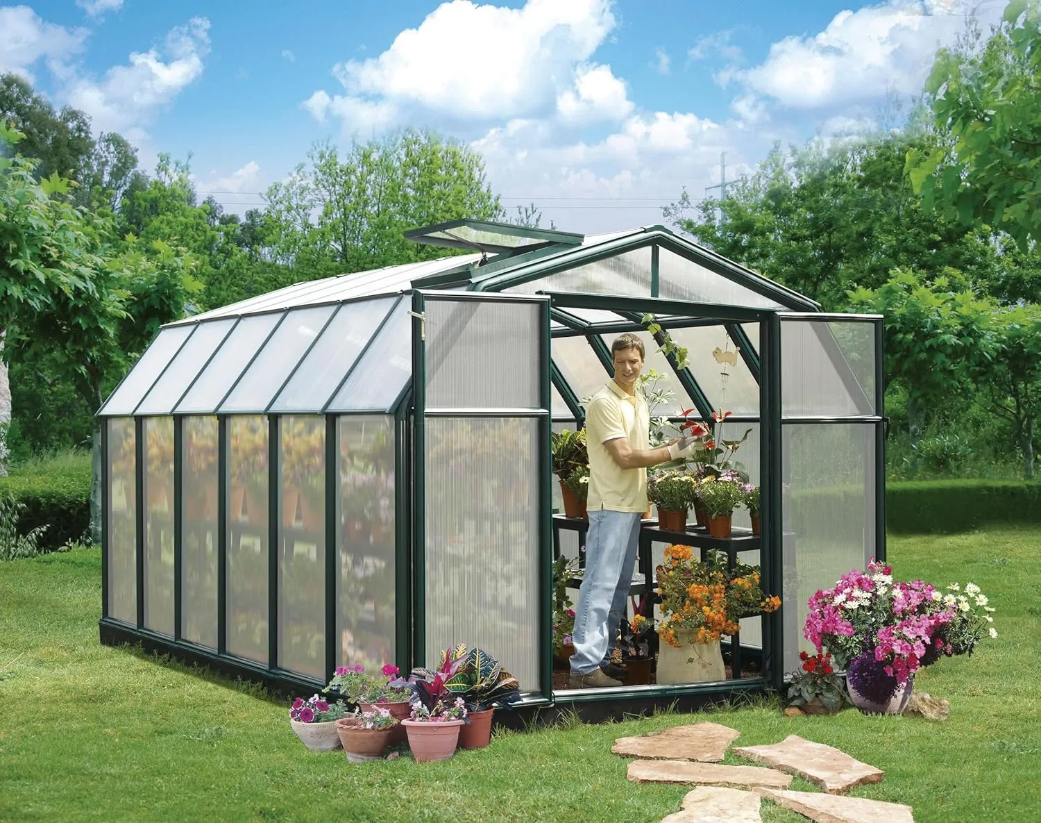 Palram - Canopia Rion Hobby Gardener 2 | 8 Ft. x 12 Ft. Greenhouse, Large Twin Wall Polycarbonate Heavy Duty Green House DIY Kit for Garden, Yard, Plants, Walk-In for Outdoors with Window Vent (Green)