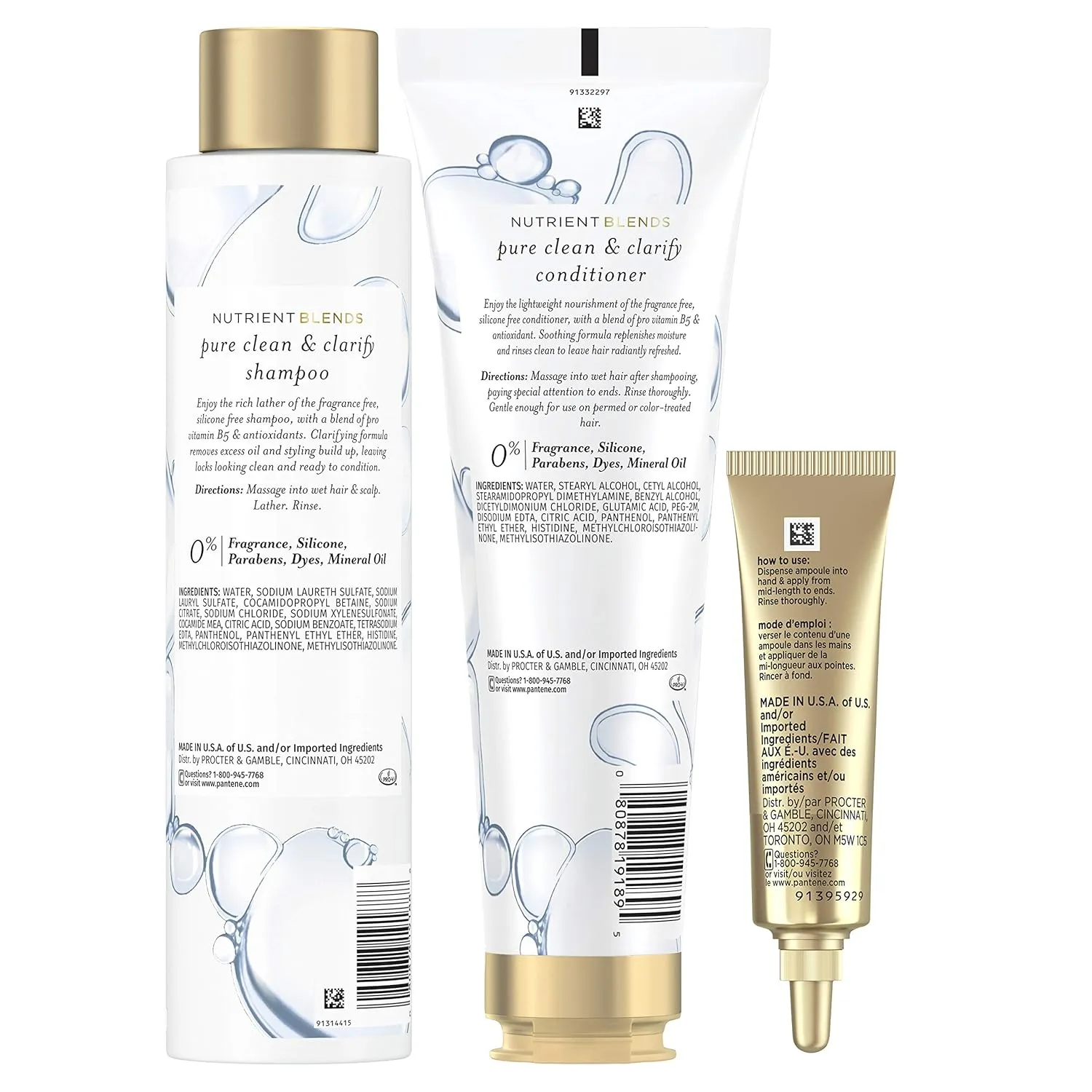 Pantene Shampoo and Conditioner Set Pure Clean & Clarify plus Hair Mask Rescue Shot Treatment, Silicone Free, Nutrient Blends