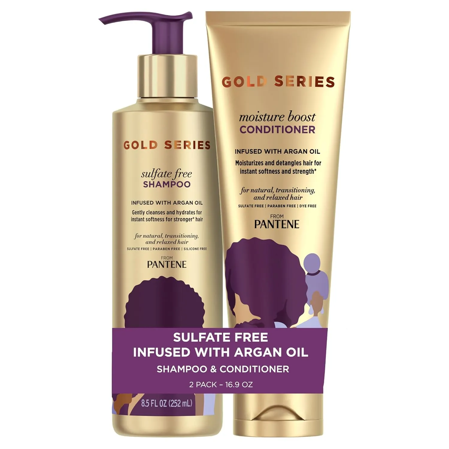 Pantene Shampoo and Sulfate Free Conditioner Kit, with Argan Oil, Pro-V Gold Series, for Natural and Curly Textured Hair, 16.9 fl oz, Kit