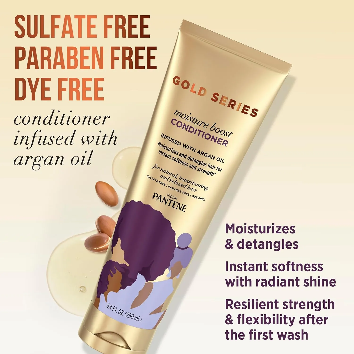 Pantene Shampoo and Sulfate Free Conditioner Kit, with Argan Oil, Pro-V Gold Series, for Natural and Curly Textured Hair, 16.9 fl oz, Kit