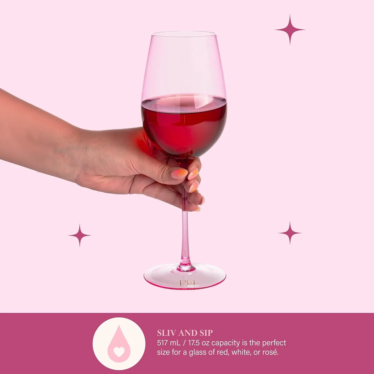 Paris Hilton Wine Glass Set, Handmade Glass Collection in Paris Signature Pink, Perfect for Parties and Special Occasions, Serve Red or White Wine, Cocktails and More, 17.5-Ounce, 2-Piece Set, Pink