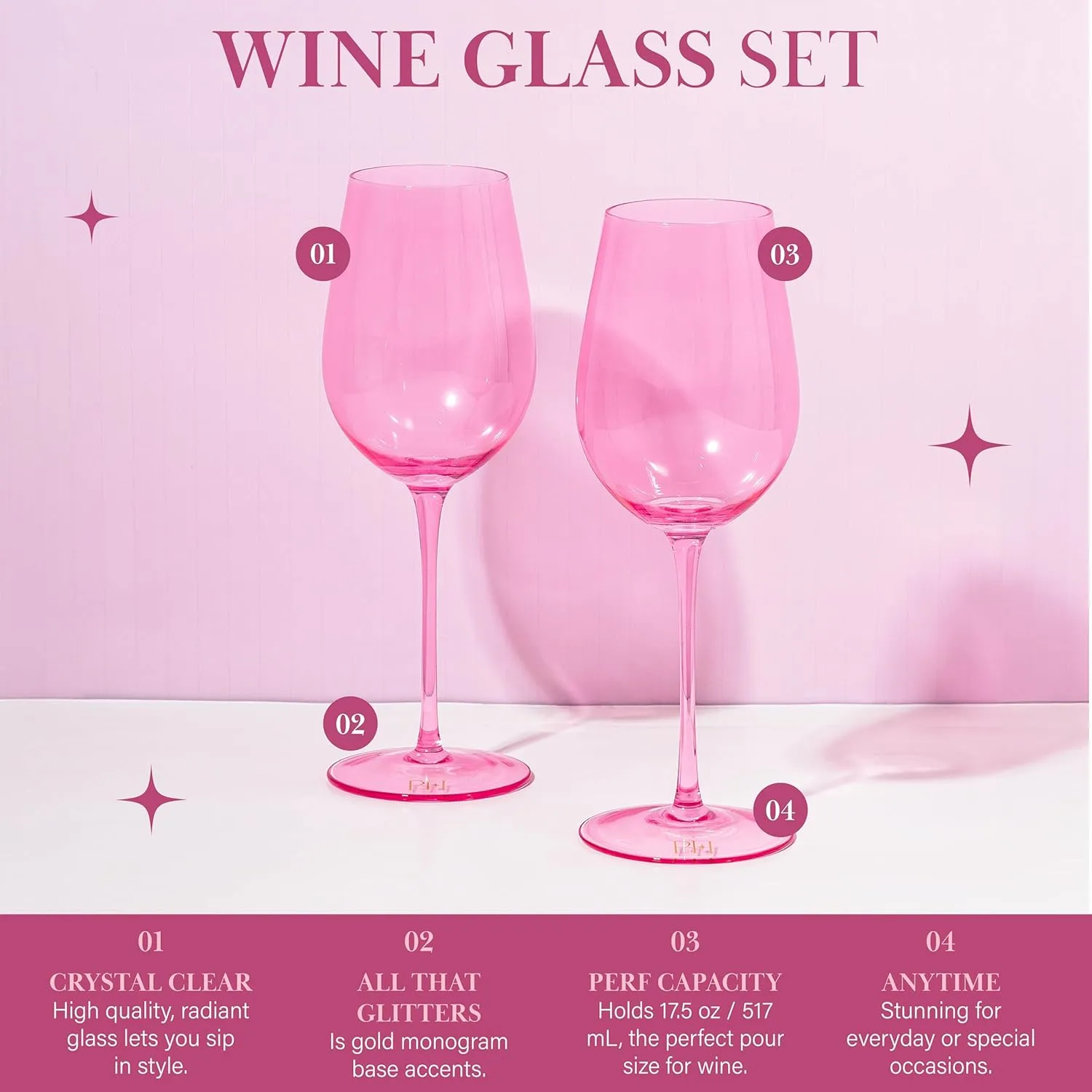 Paris Hilton Wine Glass Set, Handmade Glass Collection in Paris Signature Pink, Perfect for Parties and Special Occasions, Serve Red or White Wine, Cocktails and More, 17.5-Ounce, 2-Piece Set, Pink