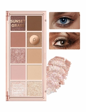 Peach C Seasonal Blending Eyeshadow Palette 01 Sunset Grass | 10 Warm Matte, Shimmer, and Glitter Shades for Daily Eye Makeup | K-Beauty Palette for Cozy Everyday Looks