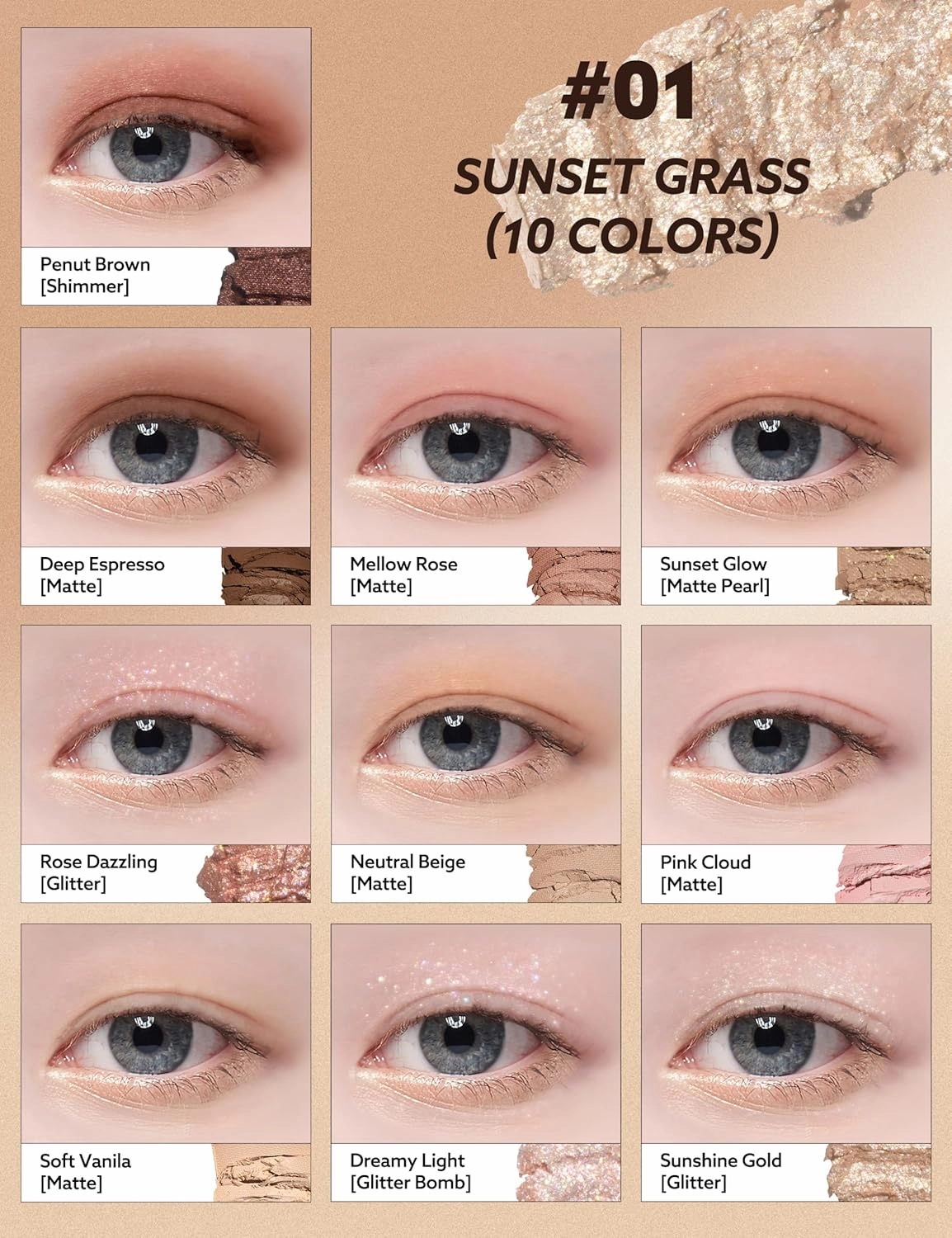 Peach C Seasonal Blending Eyeshadow Palette 01 Sunset Grass | 10 Warm Matte, Shimmer, and Glitter Shades for Daily Eye Makeup | K-Beauty Palette for Cozy Everyday Looks