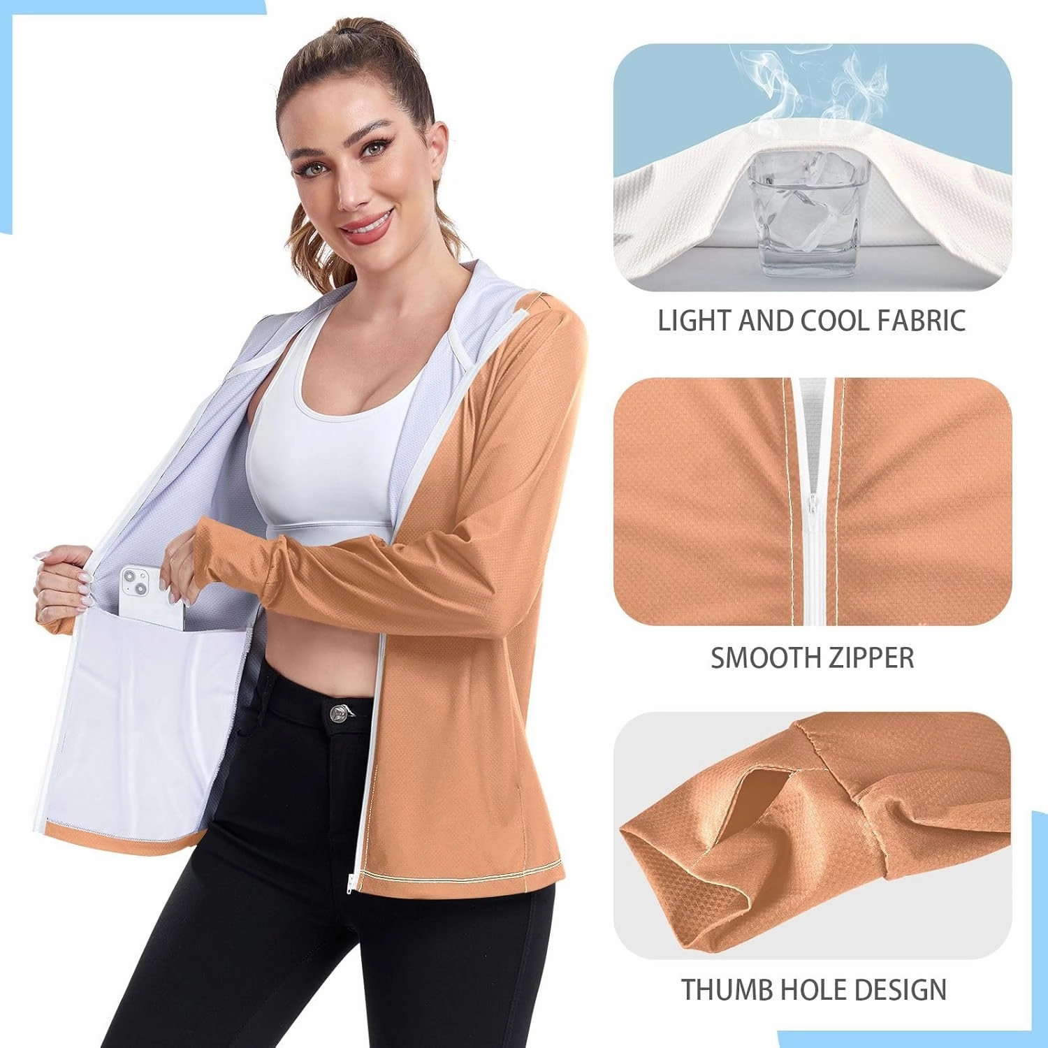 Peach Gradient Upf Hoodie Upf 50 , Lightweight Long Sleeve Shirt Women, Zip Workout Jacket, Outdoor Clothing Women