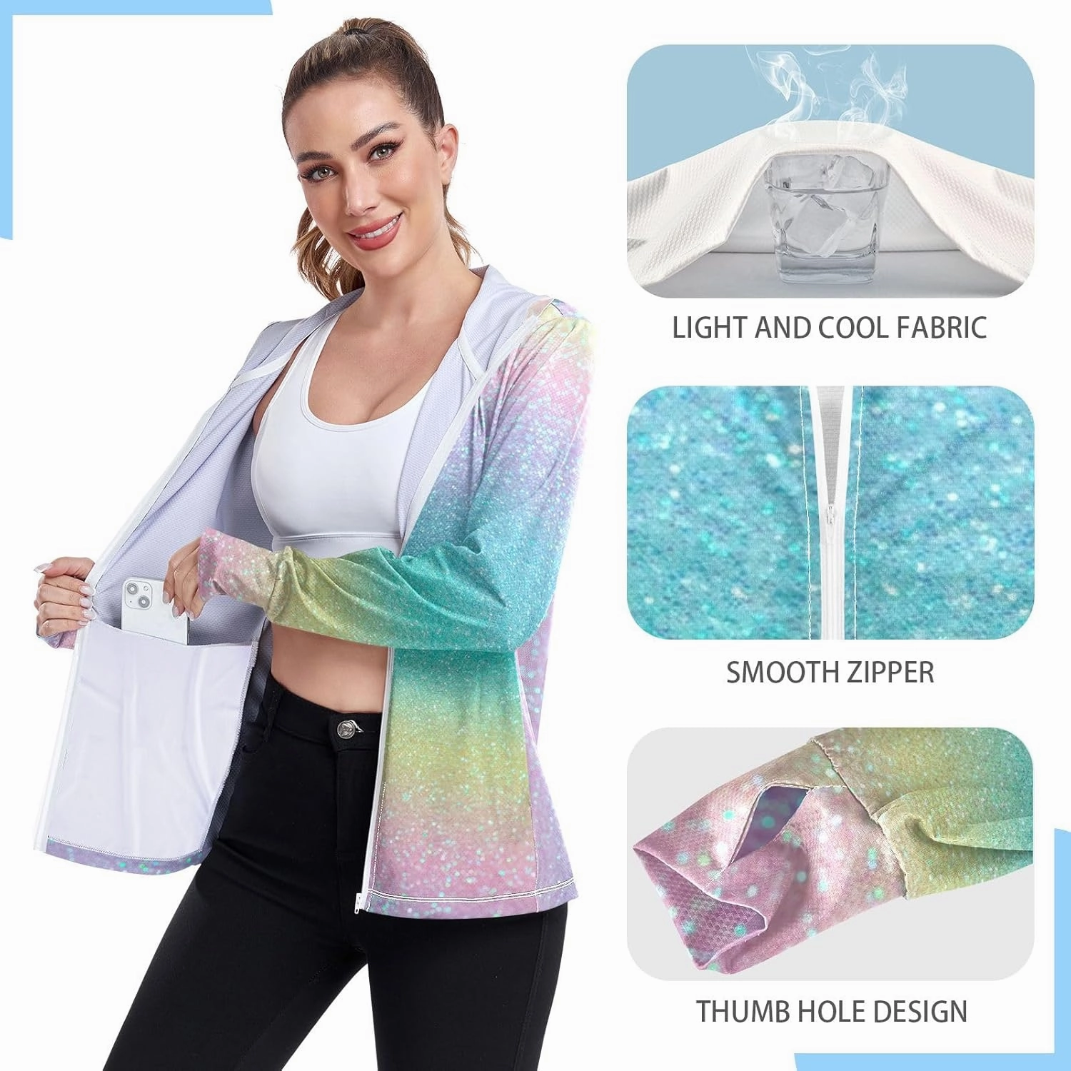 Peach Gradient Upf Hoodie Upf 50 , Lightweight Long Sleeve Shirt Women, Zip Workout Jacket, Outdoor Clothing Women
