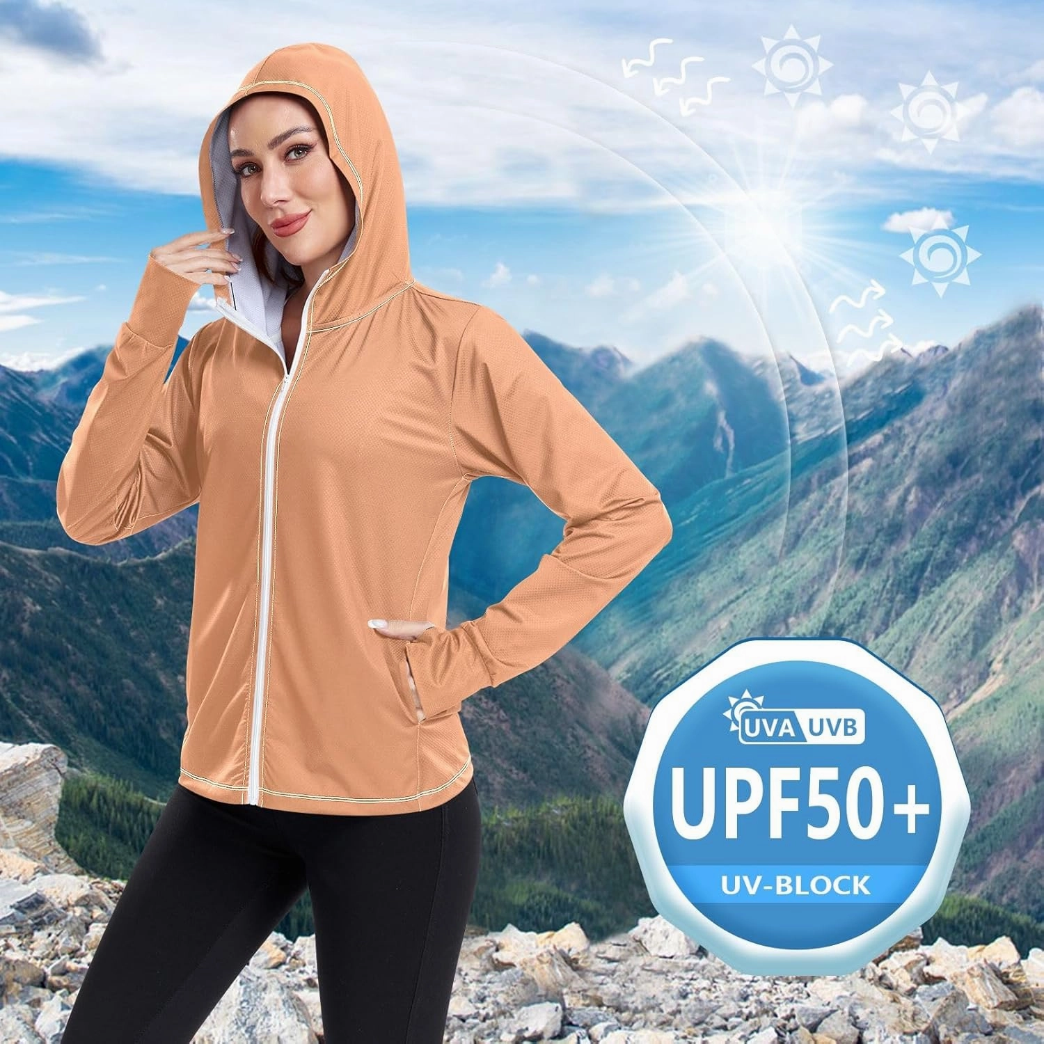 Peach Gradient Upf Hoodie Upf 50 , Lightweight Long Sleeve Shirt Women, Zip Workout Jacket, Outdoor Clothing Women