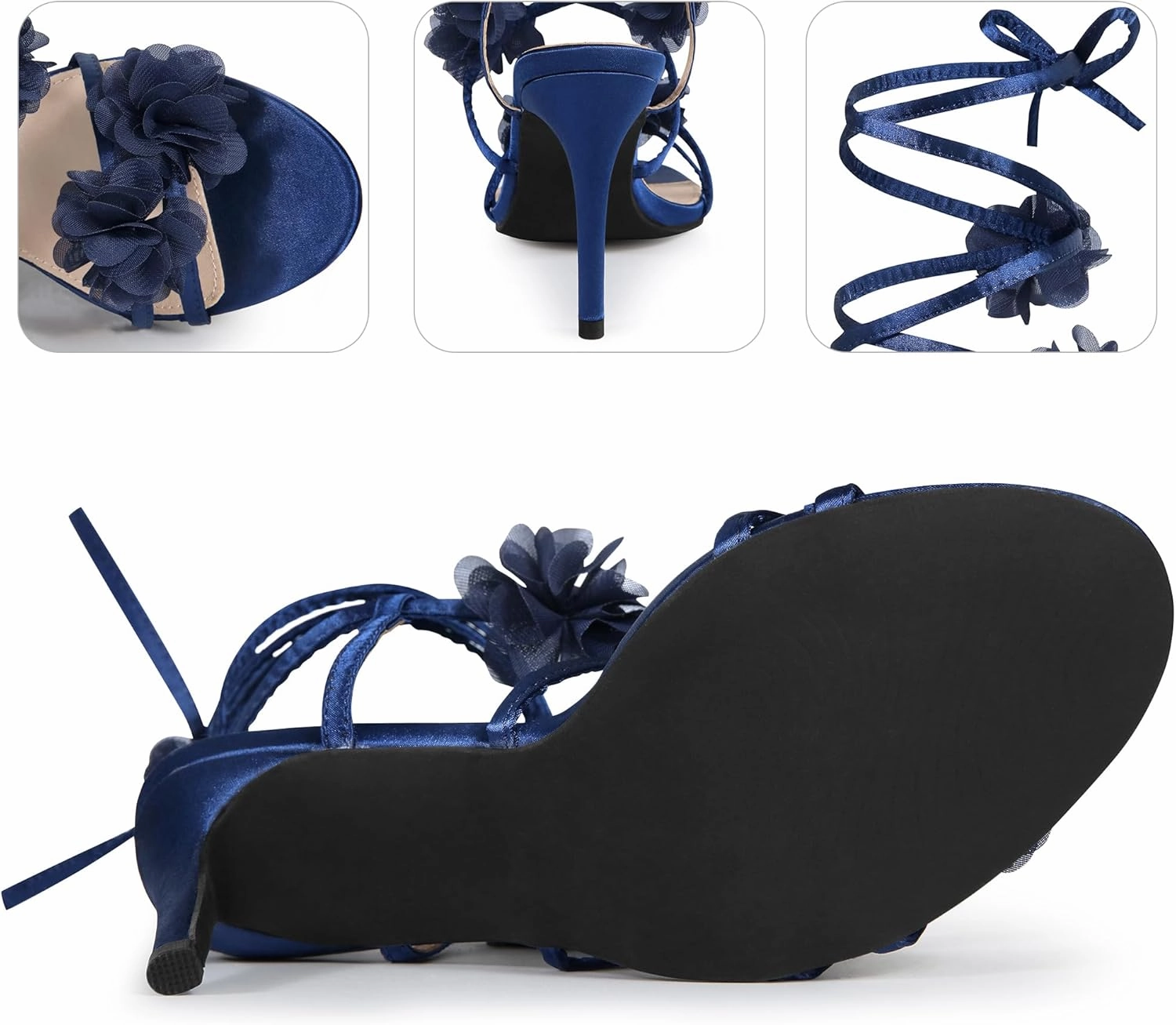 Perphy Lace Up Satin Stiletto Heels Flower Sandals for Women