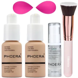 PHOERA Foundation,PHOERA Makeup for Women,PHOERA Matte Liquide Foundation Full Coverage,PHOERA Primer,PHOERA Concealer,Kabuki Makeup Brushes Foundation,2 Makeup Sponge(2PCS # 104 Buff Beige)
