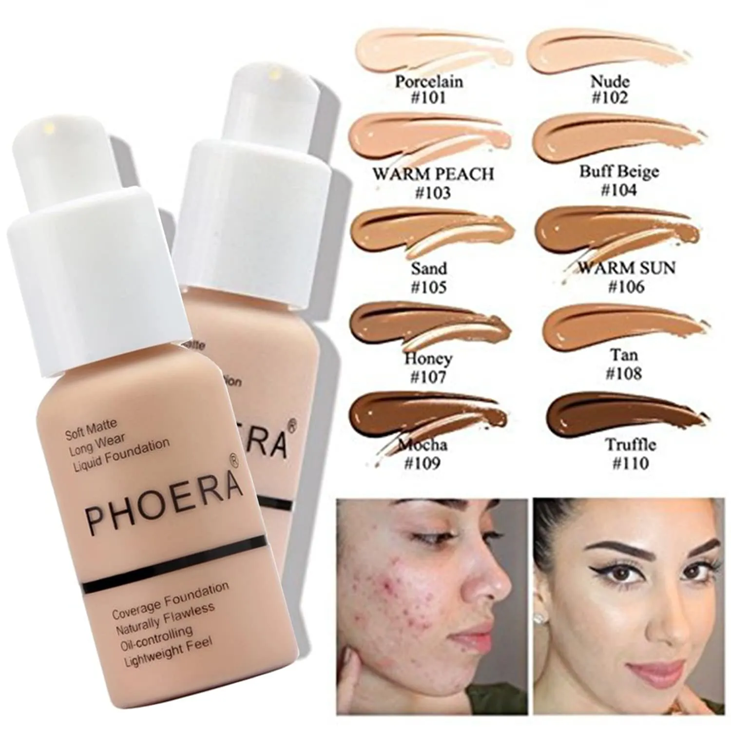 PHOERA Foundation,PHOERA Makeup,PHOERA Matte Liquide Foundation Full Coverage,PHOERA Primer,PHOERA Powder,PHOERA Concealer,Kabuki Makeup Brushes Foundation Brush,2 Makeup Sponge (#105 Sand)