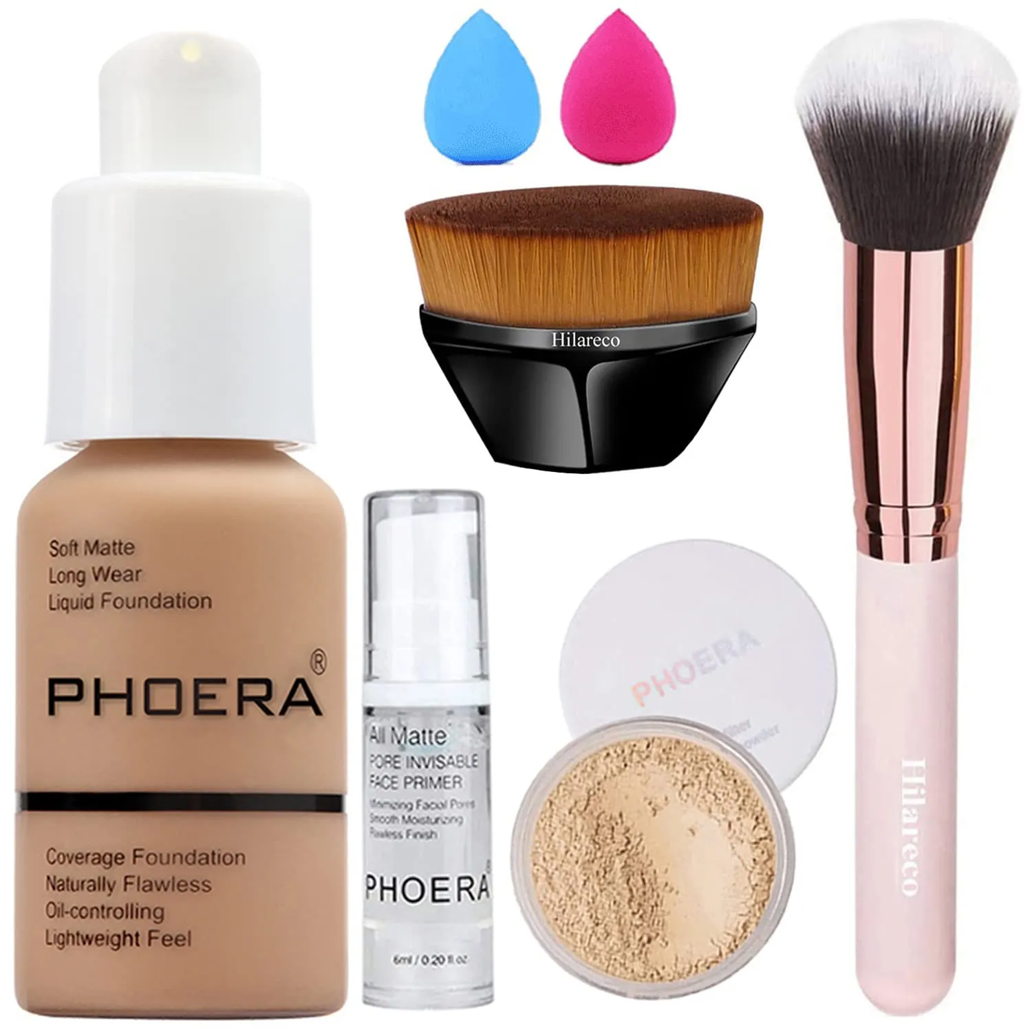 PHOERA Foundation,PHOERA Makeup,PHOERA Matte Liquide Foundation Full Coverage,PHOERA Primer,PHOERA Powder,PHOERA Concealer,Kabuki Makeup Brushes Foundation Brush,2 Makeup Sponge (#105 Sand)